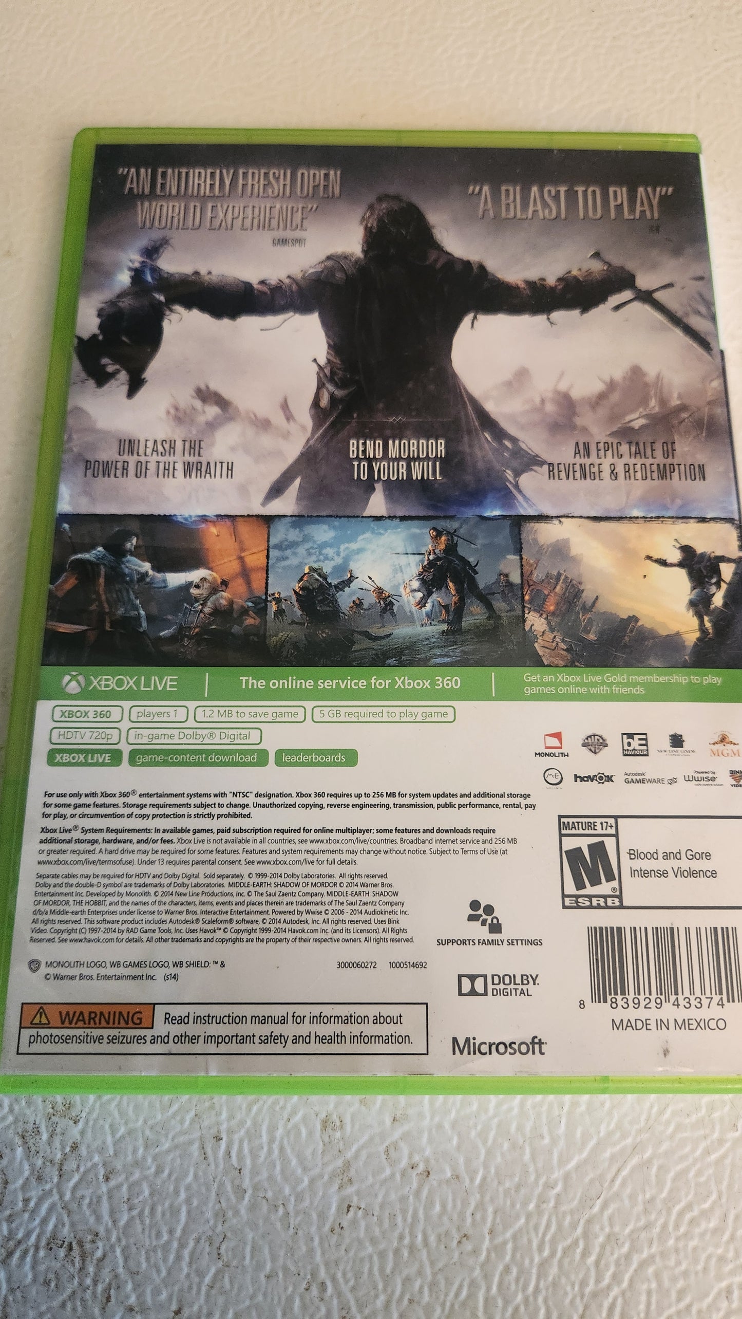 Middle Earth: Shadow of Mordor - Microsoft Xbox 360 No Manual